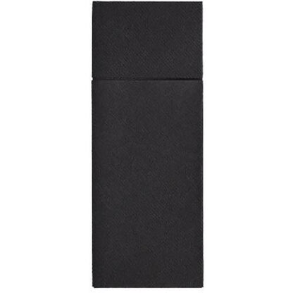 Tăvițele pentru tacâmuri Starpak 480, Airlaid 40 cm x 33 cm cu pliuri pentru tacâmuri, sunt șervete negre dreptunghiulare cu o textură discretă și o linie orizontală la marginea superioară, ideale pentru prezentarea igienică a tacâmurilor. Afișate pe un fundal simplu.