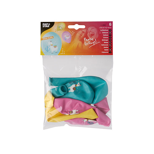 Un pachet cu șase baloane transparente de la PAPSTAR GmbH (29 cm) în galben, roz și albastru-verde, fiecare cu imprimeu de lama. Eticheta de sus este roșu-portocalie și poartă inscripția „PAPSTAR“ și „Party Feeling!“. Produs: PAPSTAR 6 baloane colorate sortate.