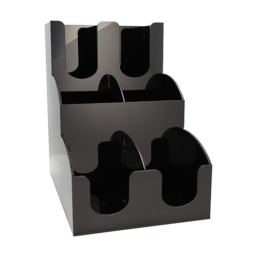 Distribuitorul Starpak pentru pahare și capace "To Go" este un organizator acrilic negru, cu trei niveluri și șase compartimente deschise în două coloane - perfect pentru a prezenta și distribui clar pahare, capace, broșuri sau pliante.