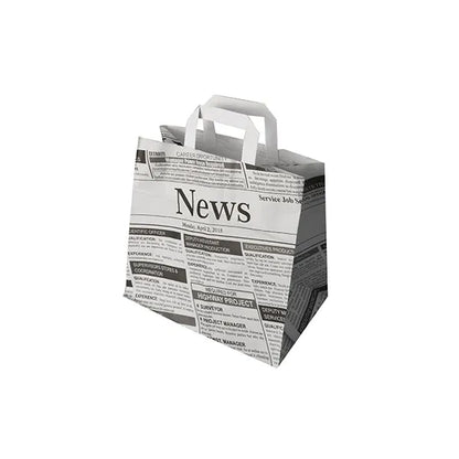 Cele PAPSTAR 50 de pungi de cumpărături ale PAPSTAR GmbH sunt pungi de hârtie ecologice cu mânere, care prezintă un motiv de ziar alb-negru cu titluri și articole pe un fundal alb.