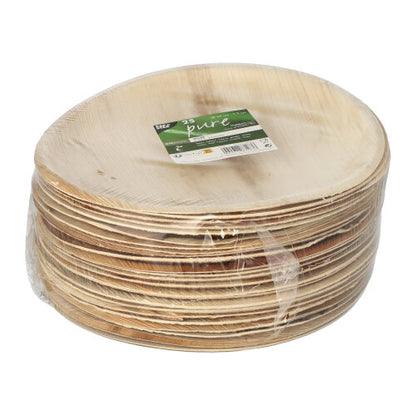 Un teanc de farfurii rotunde „pure“ 25 din frunză de palmier de la PAPSTAR GmbH, ambalate în folie cu etichetă verde-albă – ideal ca veselă de unică folosință, biodegradabilă și ecologică.