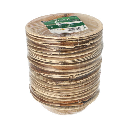 PAPSTAR 25 de boluri, frunză de palmier „pure“ rotunde de la PAPSTAR GmbH: Boluri rotunde, biodegradabile, din frunză de palmier, ambalate în folie cu etichetă verde-albă – ideale pentru evenimente sustenabile.