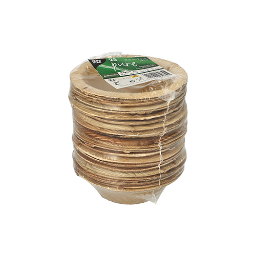 25 de boluri rotunde din frunze de palmier ale mărcii PAPSTAR GmbH, seria „pure”, în ambalaj clar ecologic cu etichetă verde-albă – perfecte pentru evenimente sustenabile.