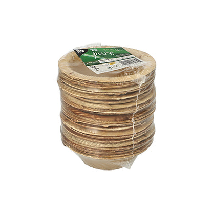 25 de boluri rotunde din frunze de palmier ale mărcii PAPSTAR GmbH, seria „pure”, în ambalaj clar ecologic cu etichetă verde-albă – perfecte pentru evenimente sustenabile.