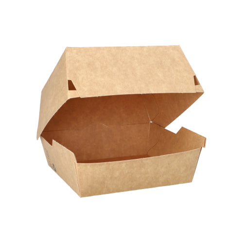 Cele 80 de cutii pentru burgeri ale PAPSTAR de la PAPSTAR GmbH sunt recipiente din carton maro („100% Fair”), care sunt deschise și goale pe un fundal alb – perfecte pentru restaurantele eco care caută cutii pentru burgeri durabile.