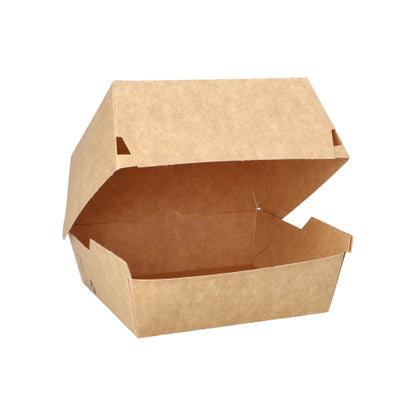 Cele 80 de cutii pentru burgeri ale PAPSTAR de la PAPSTAR GmbH sunt recipiente din carton maro („100% Fair”), care sunt deschise și goale pe un fundal alb – perfecte pentru restaurantele eco care caută cutii pentru burgeri durabile.
