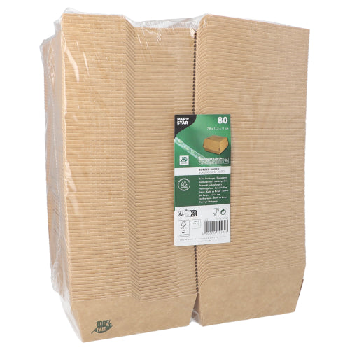 Eine Packung mit 80 PAPSTAR 100% Fair Burgerboxen, in Folie verpackt, braune Lebensmittelbehälter aus Karton mit grün-weißem Etikett; diese umweltfreundlichen Boxen der PAPSTAR GmbH sind pflanzlich und umweltfreundlich.