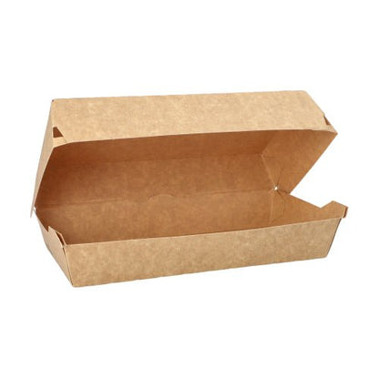 Cutii de baghetă "pure" PAPSTAR din hârtie kraft neînălbită sunt maro, dreptunghiulare (7,5x10,7x22 cm) și își arată deschis interiorul gol. Cutii de la PAPSTAR GmbH vin într-un pachet de 25 - 100% Fair | Folie.