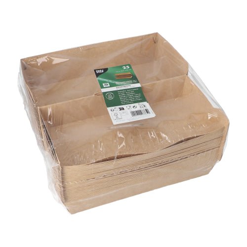 Un teanc de cutii de baghetă "pure" PAPSTAR maro (7,5 x 10,7 x 22 cm) de la PAPSTAR GmbH este ambalat în plastic clar; eticheta superioară pentru 25 de tăvi arată un branding verde-alb, simboluri de reciclare și mesajul ecologic "100% Fair | Folie".