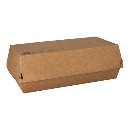 O cutie de baghetă "pure" PAPSTAR închisă, dreptunghiulară, maro (7,5x10,7x22 cm) din carton ecologic cu capac rabatabil de la PAPSTAR GmbH se află pe un fundal alb.