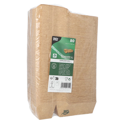 Un teanc de 80 de tăvițe pentru cartofi prăjiți maro, 2 compartimente PAPSTAR „pure” este învelit în folie transparentă; eticheta frontală a PAPSTAR GmbH arată informații despre produs, simboluri de reciclare și indică faptul că sunt ecologice și 100% corecte.