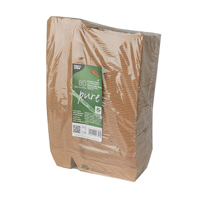 Un teanc de PAPSTAR 80 de tăvițe pentru cartofi prăjiți „pure” (2 compartimente, maro, 100% Fair) ale PAPSTAR GmbH, ambalate în folie transparentă cu etichetă frontală cu informații despre produs și simboluri de mediu.