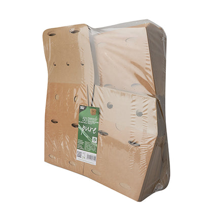 Un pachet cu 50 de cutii de cartofi prăjiți PAPSTAR din carton maro "pure" cu eticheta "100% Fair", ambalate în folie transparentă. Produs ecologic de PAPSTAR GmbH pentru o alegere durabilă.