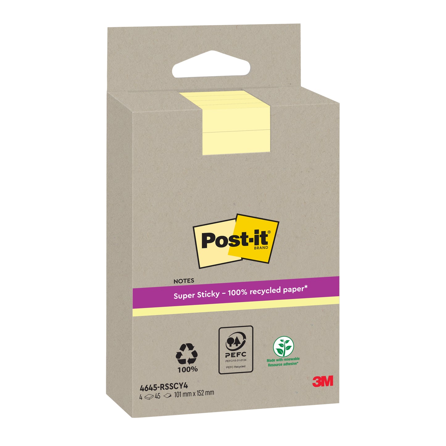 Un pachet galben de Post-it® Super Sticky 100% Notes de reciclare (102 mm x 152 mm, liniuțat, 45 de foi/bloc, 4 blocuri/pachet) de la 3M Deutschland GmbH este ilustrat cu logo-ul Post-it și certificări ecologice precum PEFC.