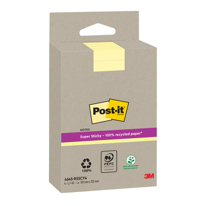 Un pachet galben de Post-it® Super Sticky 100% Notes de reciclare (102 mm x 152 mm, liniuțat, 45 de foi/bloc, 4 blocuri/pachet) de la 3M Deutschland GmbH este ilustrat cu logo-ul Post-it și certificări ecologice precum PEFC.