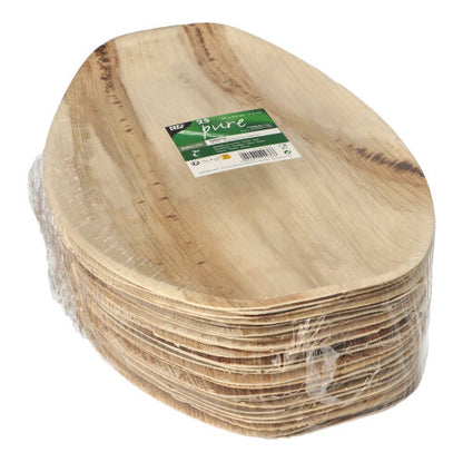 Un teanc de tăvi din frunze de palmier PAPSTAR "pure" ovale (37x25 cm, 25 bucăți), din frunze de palmier ecologice, de la PAPSTAR GmbH, ambalate în folie termocontractibilă cu etichetă verde-albă și detalii despre produs.