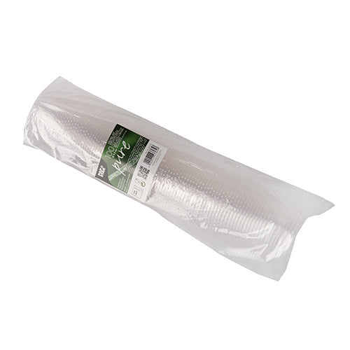 Un pachet cu 100 de capace rotunde "pure" (Ø 9,5 cm) de la PAPSTAR GmbH din PLA clar, ecologic, cu etichetă verde-albă cu text, cod de bare și "biodegradabil", în ambalaj transparent.