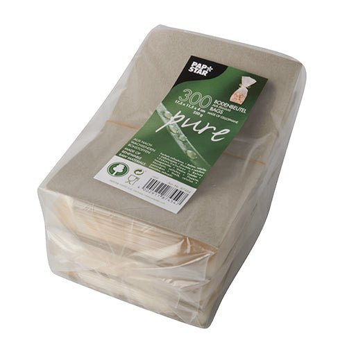 Un pachet transparent cu 300 de pungi de celofan „pure“ de la PAPSTAR GmbH, biodegradabil și compostabil, ideal pentru ambalare sustenabilă.