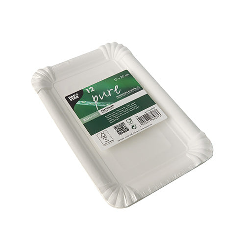 Un pachet cu 12 farfurii de unică folosință dreptunghiulare albe PAPSTAR "pure" (13x20 cm) pentru petreceri, cu margini ridicate și colțuri rotunjite, de la PAPSTAR GmbH. Ambalaj ecologic, sigilat, cu simboluri de reciclare pe etichetă.