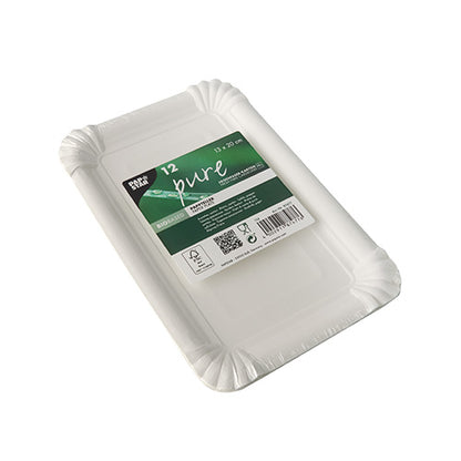 Un pachet cu 12 farfurii de unică folosință dreptunghiulare albe PAPSTAR "pure" (13x20 cm) pentru petreceri, cu margini ridicate și colțuri rotunjite, de la PAPSTAR GmbH. Ambalaj ecologic, sigilat, cu simboluri de reciclare pe etichetă.