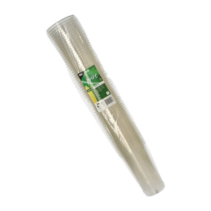 Un pachet de 60 de pahare de băuturi reci PLA "pure", clar ca sticla (Ø 9,5 cm, 15,14 cm), de la PAPSTAR GmbH, biodegradabil, stivuit și ambalat în folie transparentă cu etichetă verde-albă.