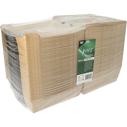 Un teanc de 50 de PAPSTAR "pure" cutii de burger de la PAPSTAR GmbH, din carton, în folie transparentă de plastic cu etichetă verde - cutia de hamburger ecologică pentru ambalaje sustenabile.
