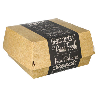 PAPSTAR 50 de cutii de burger, carton "pure" "Good Food" de la PAPSTAR GmbH este o cutie de hamburger ecologică închisă, cu înveliș maro și inscripție albă: "Great taste, Good Food! Pure & Delicious, Snack La Carte", pe fundal alb.