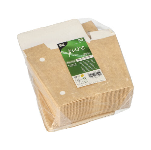Ein Stapel PAPSTAR GmbH 50 Pommes-Frites-Schütte aus brauner Pappe „pure“ (4,3x14,5x11cm) mit Klappdeckel, umweltfreundlich und biologisch abbaubar, ist in Folie verpackt und trägt ein grünes und weißes Etikett.