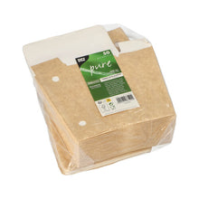 Ein klarer, in Kunststoff verpackter Stapel von 50 braunen PAPSTAR "pure" Pommes-Frites-Schütten aus umweltfreundlicher Pappe mit Klappdeckel, grün-weißem Etikett und Produktinfos der Marke PAPSTAR GmbH.