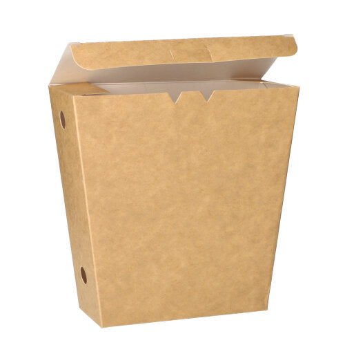 Eine PAPSTAR Pommes-Frites-Schütte "pure" in braun mit Klappdeckel, aus umweltfreundlichem Karton, teilgeöffnet und von vorne betrachtet vor weißem Hintergrund. Packung mit 50 Stück von PAPSTAR GmbH.