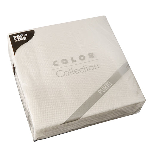 Un pachet sigilat cu 30 de șervețele albe cu 2 straturi „PUNTO” (38x38 cm, 1/4 pliere) de la PAPSTAR GmbH cu un model discret de puncte – ideal pentru decorarea elegantă a mesei.
