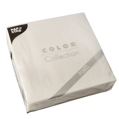 Un pachet sigilat cu 30 de șervețele albe cu 2 straturi „PUNTO” (38x38 cm, 1/4 pliere) de la PAPSTAR GmbH cu un model discret de puncte – ideal pentru decorarea elegantă a mesei.