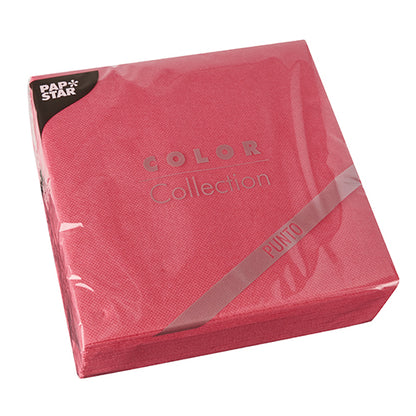 Un pachet cu 30 de șervețele PAPSTAR „PUNTO” în roșu, cu 2 straturi (38x38 cm, 1/4 pliere) în folie transparentă cu eticheta „Color Collection” și logo-ul PAPSTAR – ideal pentru decorarea stilată a mesei.