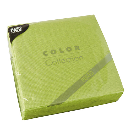 Un pachet sigilat cu 30 de șervețele PAPSTAR, 2 straturi „PUNTO“ (38 x 38 cm, 1/4 pliere) de la PAPSTAR GmbH, cu model de puncte și ambalate în folie transparentă.