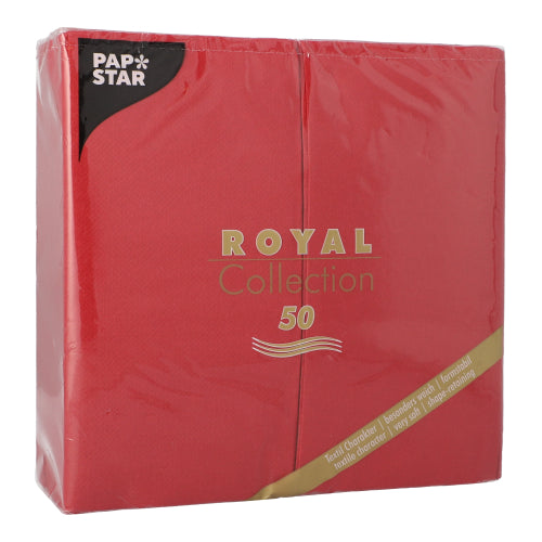 Este prezentat un pachet cu 50 de șervețele roșii PAPSTAR „ROYAL Collection“ 1/8-pliate (40 x 40 cm) ale PAPSTAR GmbH cu text auriu-alb pe un ambalaj de plastic transparent – ideal pentru o decorare elegantă a mesei.