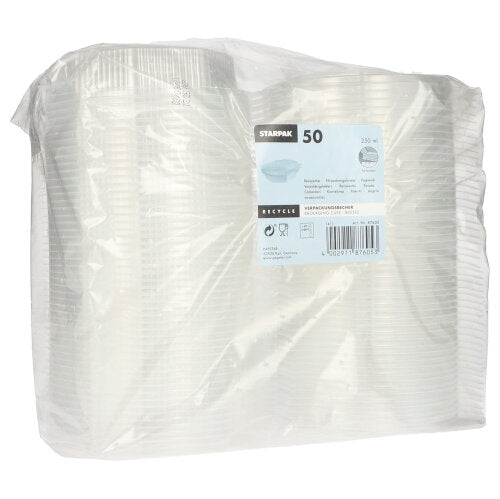 Un ambalaj din plastic transparent conține 50 de pahare de unică folosință Starpak, octogonale, transparente, PP, cu capace rabatabile. Eticheta conține marca Starpak, detalii despre produs și informații de reciclare în mai multe limbi.