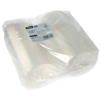 Un ambalaj de plastic sigilat cu 50 de pahare de ambalaj Starpak cu capace rabatabile, PP, transparent, octogonal, fiecare pahar etichetat cu informații despre cantitate și produs.