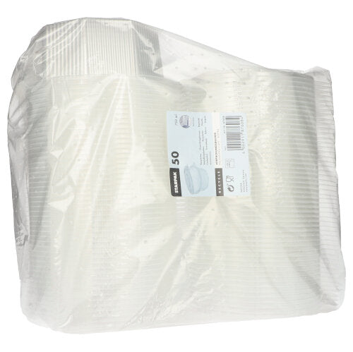 Un ambalaj din plastic transparent cu 50 de pahare de ambalaj Starpak cu capace rabatabile, pahare PP transparente cu 8 laturi, are o etichetă albă dreptunghiulară cu informații despre produs și un cod de bare.