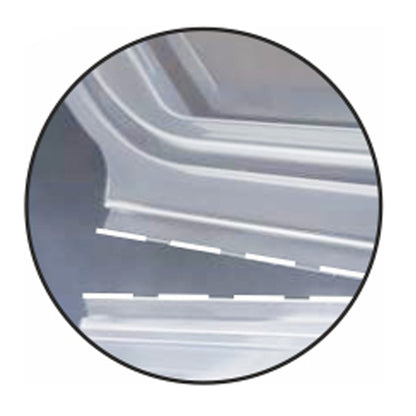 O prim-plan al două foi de metal suprapuse cu o linie punctată la locul de îmbinare, într-un cerc - similar cu paharul de ambalaj Starpak 50 cu capace rabatabile, PP transparent, octogonal, pentru o etanșare sigură.