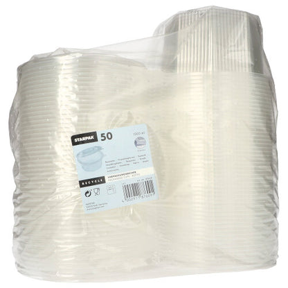 Paharele de ambalaj Starpak 50 cu capace rabatabile sunt pahare de unică folosință, octogonale, transparente, din PP, ambalate într-un recipient de plastic transparent cu o etichetă cu informații detaliate despre produs, cantitate și informații de reciclare.