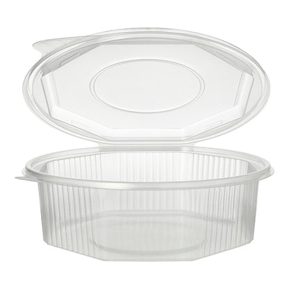 Ein transparenter, 8-eckiger Starpak Verpackungsbecher (1,5 l, 5,9 x 18 x 18 cm) mit Klappdeckel lässt sich öffnen und gibt den Blick auf den leeren Inhalt frei. Der PP-Behälter hat vertikale Seitenrippen und einen glatten, flachen Boden. Erhältlich als Packung mit 25 Stück mit Folie.
