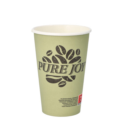 Un pahar de carton de culoare verde deschis PAPSTAR GmbH "Pure Joy" (Ø 8 cm, 11,7 cm înălțime) cu motiv de boabe de cafea și o etichetă mică roșu-alb în apropierea bazei, prezentat vertical pe un fundal alb. Pachetul conține 20 de cești.