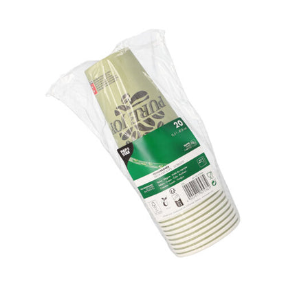 Un pachet de 20 de pahare de carton PAPSTAR de culoare verde "Pure Joy" (Ø 8 cm, 11,7 cm înălțime) de la PAPSTAR GmbH, ambalate în plastic și stivuite cu o etichetă verde-albă cu informații despre produs, simboluri de reciclare și un cod de bare.