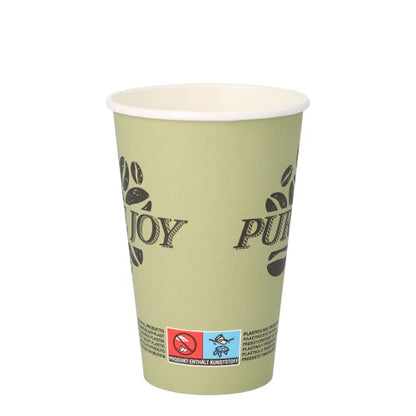 Un pahar de carton de culoare verde deschis PAPSTAR GmbH "Pure Joy" (Ø 8 cm, 11,7 cm înălțime, 20 de bucăți) cu inscripția neagră "ENJOY", motiv de boabe de cafea și o etichetă de avertizare roșu-albastră în partea de jos cu informații despre conținutul de plastic.
