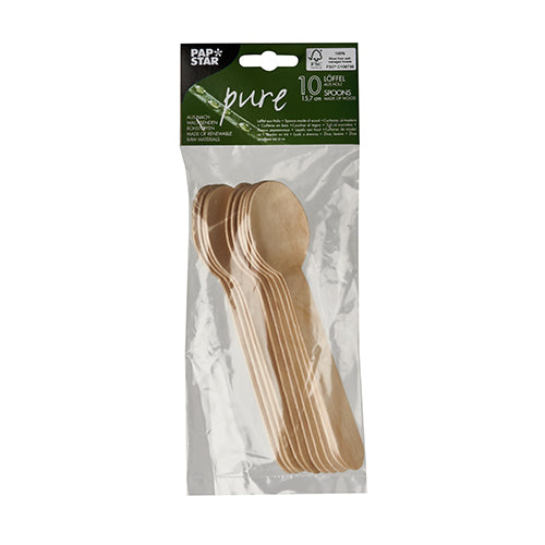 Într-un ambalaj transparent se află 10 linguri de cafea din lemn „pure“ de la PAPSTAR GmbH cu etichetă verde-albă cu inscripția „Pure“ și „10 linguri, lemn“ precum și detalii ale mărcii.