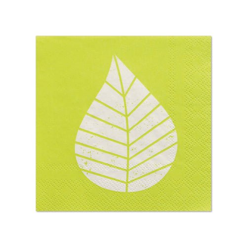 Cele PAPSTAR 20 de șervețele (25x25 cm, 3 straturi, 1/4-pliat) de la PAPSTAR GmbH au un design verde cu o frunză stilizată albă în formă de picătură de apă – ideal pentru o decorare unică a mesei.
