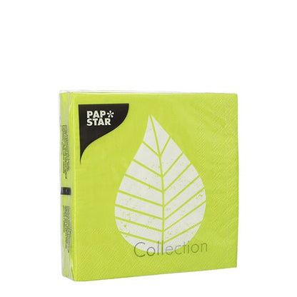 PAPSTAR GmbH 20 de șervețele, 25x25 cm, 3 straturi și 1/4-pliat cu design verde deschis, motiv de frunză albă și inscripția „Collection” – ideal pentru o decorare stilată a mesei.