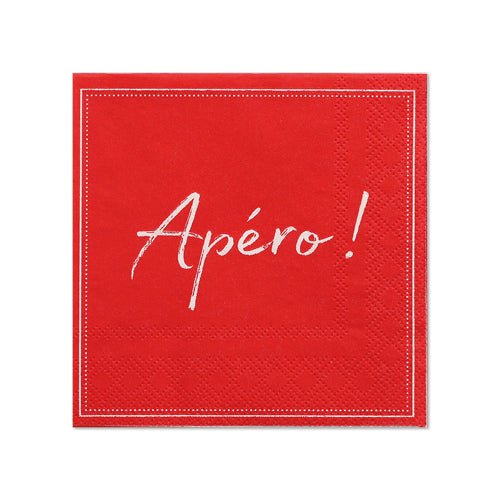 Un pachet cu 20 de șervețele roșii cu 3 straturi (25 x 25 cm, 1/4-pliat) de la PAPSTAR GmbH cu margine albă și „Apéro!” scris cu alb în mijloc.