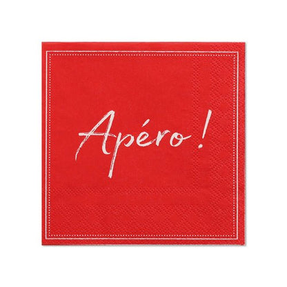 Un pachet cu 20 de șervețele roșii cu 3 straturi (25 x 25 cm, 1/4-pliat) de la PAPSTAR GmbH cu margine albă și „Apéro!” scris cu alb în mijloc.