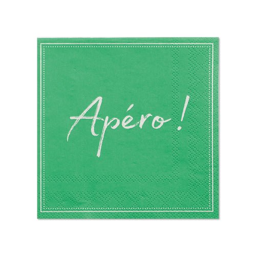 Cele PAPSTAR 20 de șervețele (25x25 cm, 3 straturi, 1/4-pliat) de la PAPSTAR GmbH se prezintă cu un design verde cu cusătură albă și inscripția „Apéro!” – ideal pentru decorarea stilată a mesei la orice întâlnire.